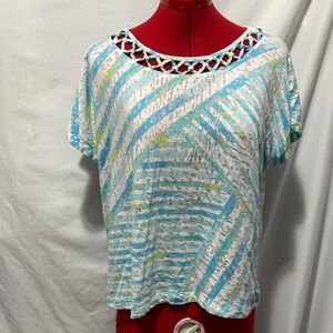 Women's Blue and Green Striped Short Sleeve Top